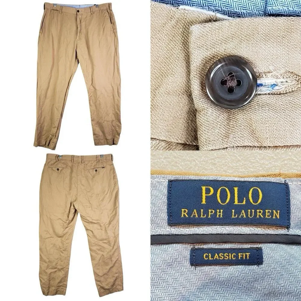 Polo Ralph Lauren Chino Pants Size 36x30 Mens Khaki Tan Flat Front Straight